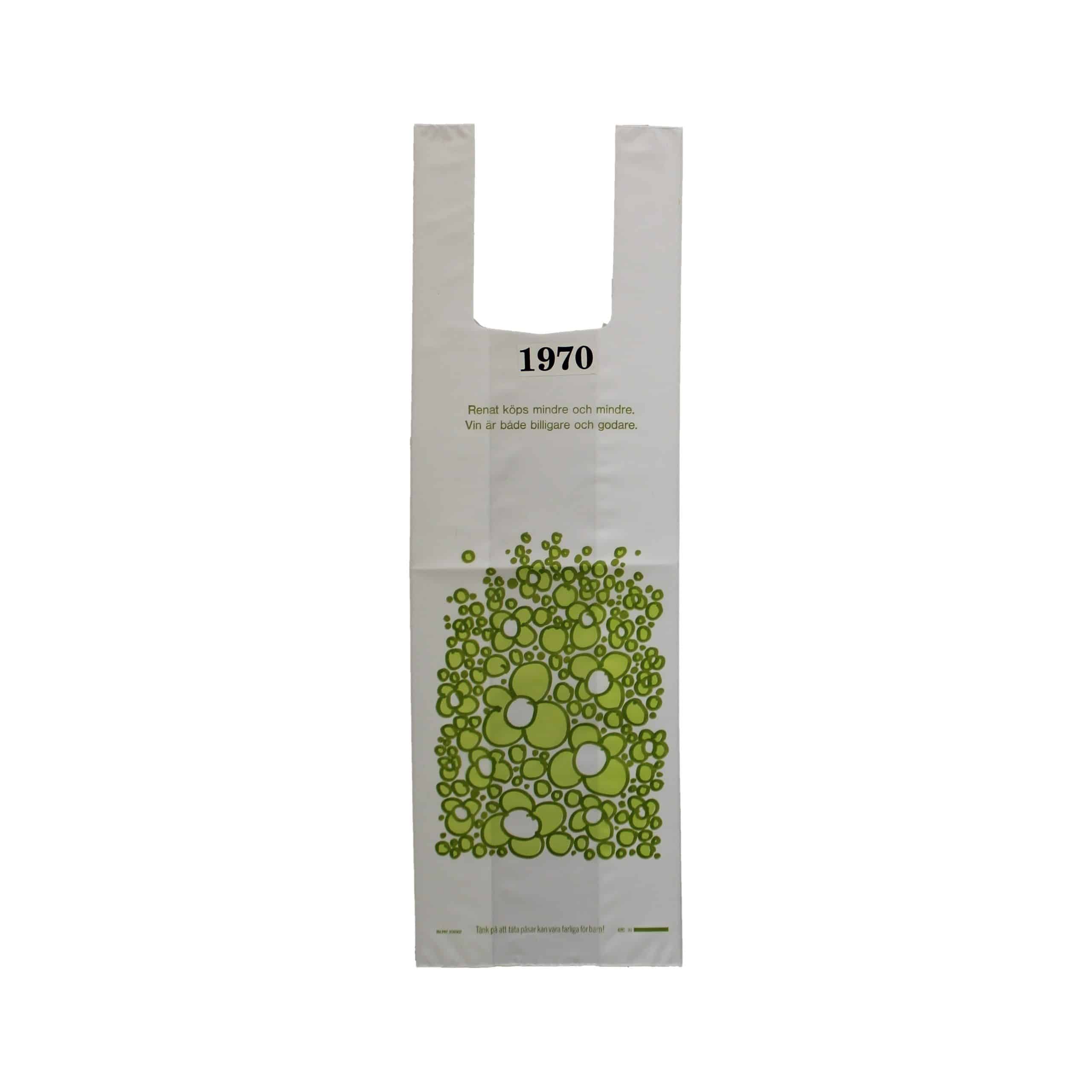 Vit plastpåse med grönt tryckVin hellre än brännvin.Tidpunkt: 1970; Deponent: Systembolaget / Systembolaget AB; Motiv-ID: SYS010007